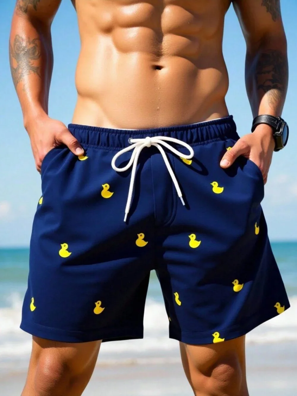 Navy Blue Cartoon Duck Print Men's Drawstring Waist Beach Shorts Swim Trunks